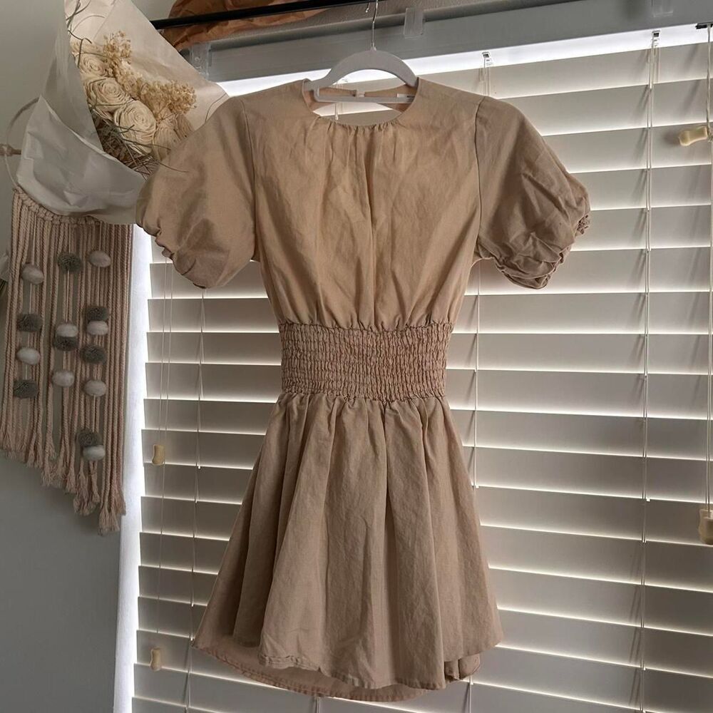 Peppermayo tan Lani Linen open back Mini Dress | babydoll size 2 - Picture 5 of 8